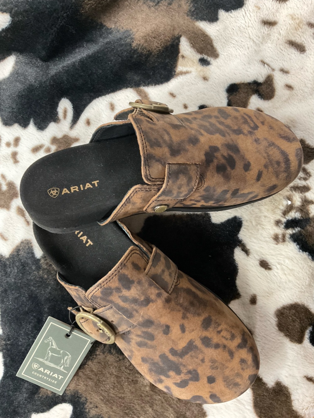 Ariat Black and Brown Animal Print Slip-On Clogs